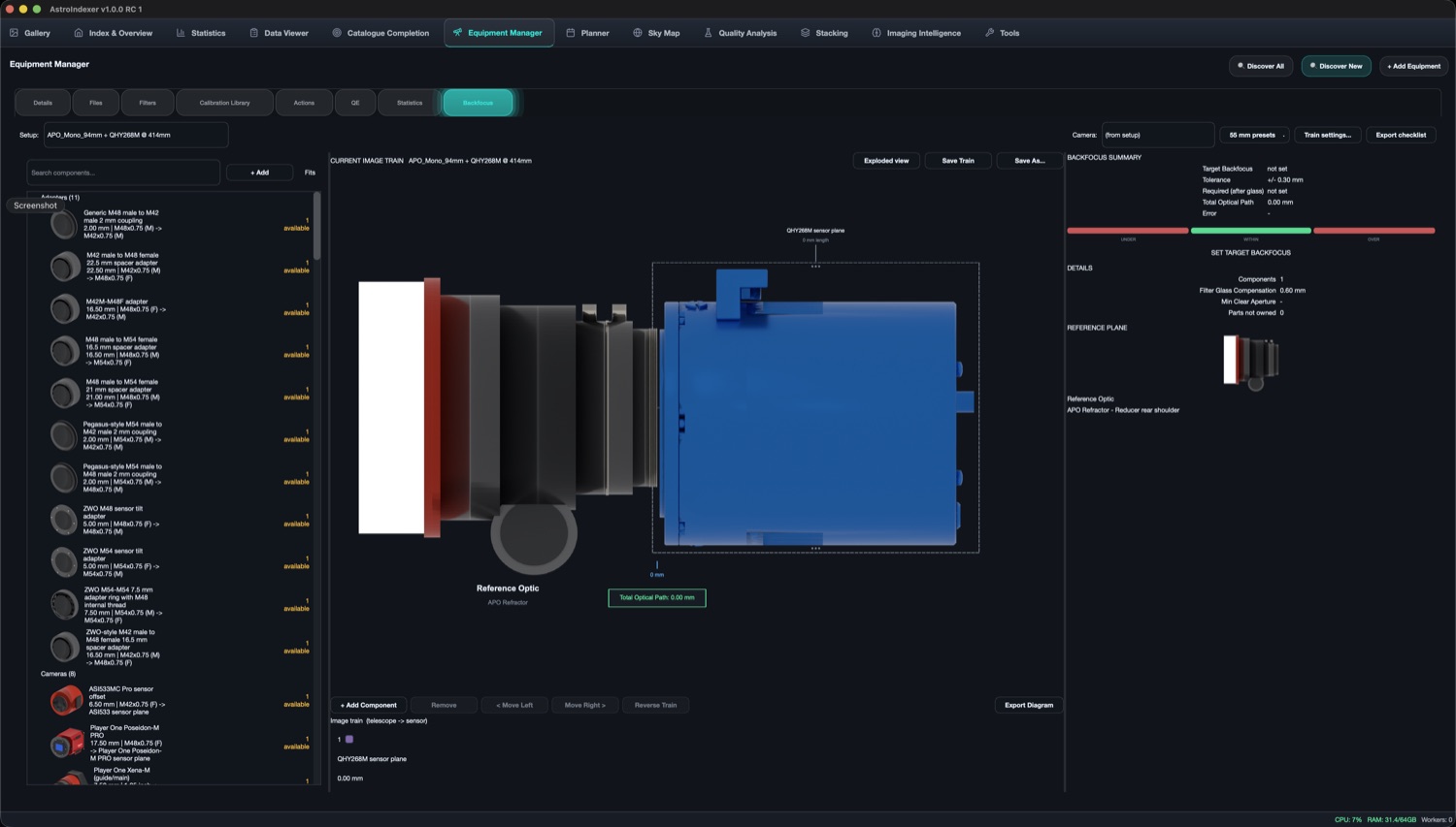 The Backfocus Manager showing a to-scale 3D image train from optic to sensor, with an under / within / over tolerance band and a backfocus summary