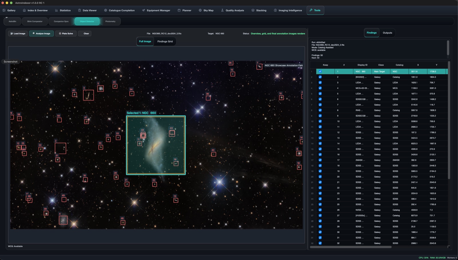 AstroIndexer Object Detector annotating 50 catalogued galaxies on a frame of NGC 660, with a findings table listing class, catalogue and position