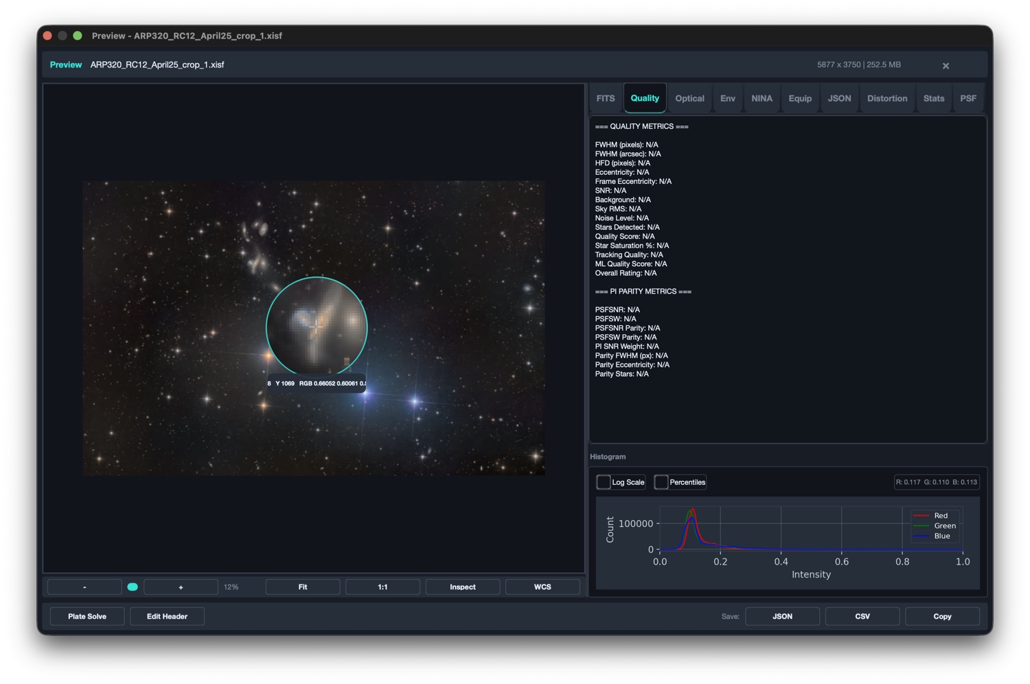 The Inspect Loupe magnifying stars at 1:1 with live quality and PSF metrics and an RGB histogram alongside
