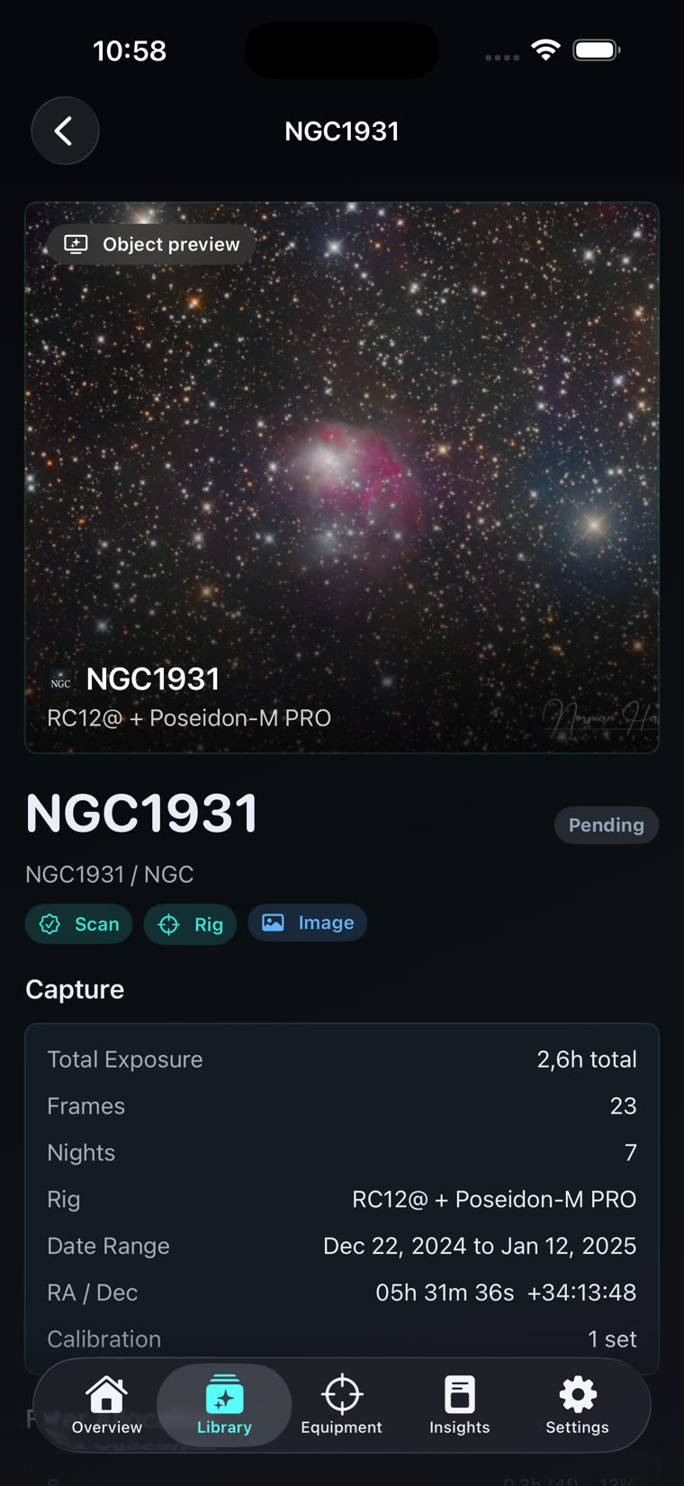 Phone object detail view for NGC1931 showing total exposure, frames, nights, rig, date range, coordinates and calibration
