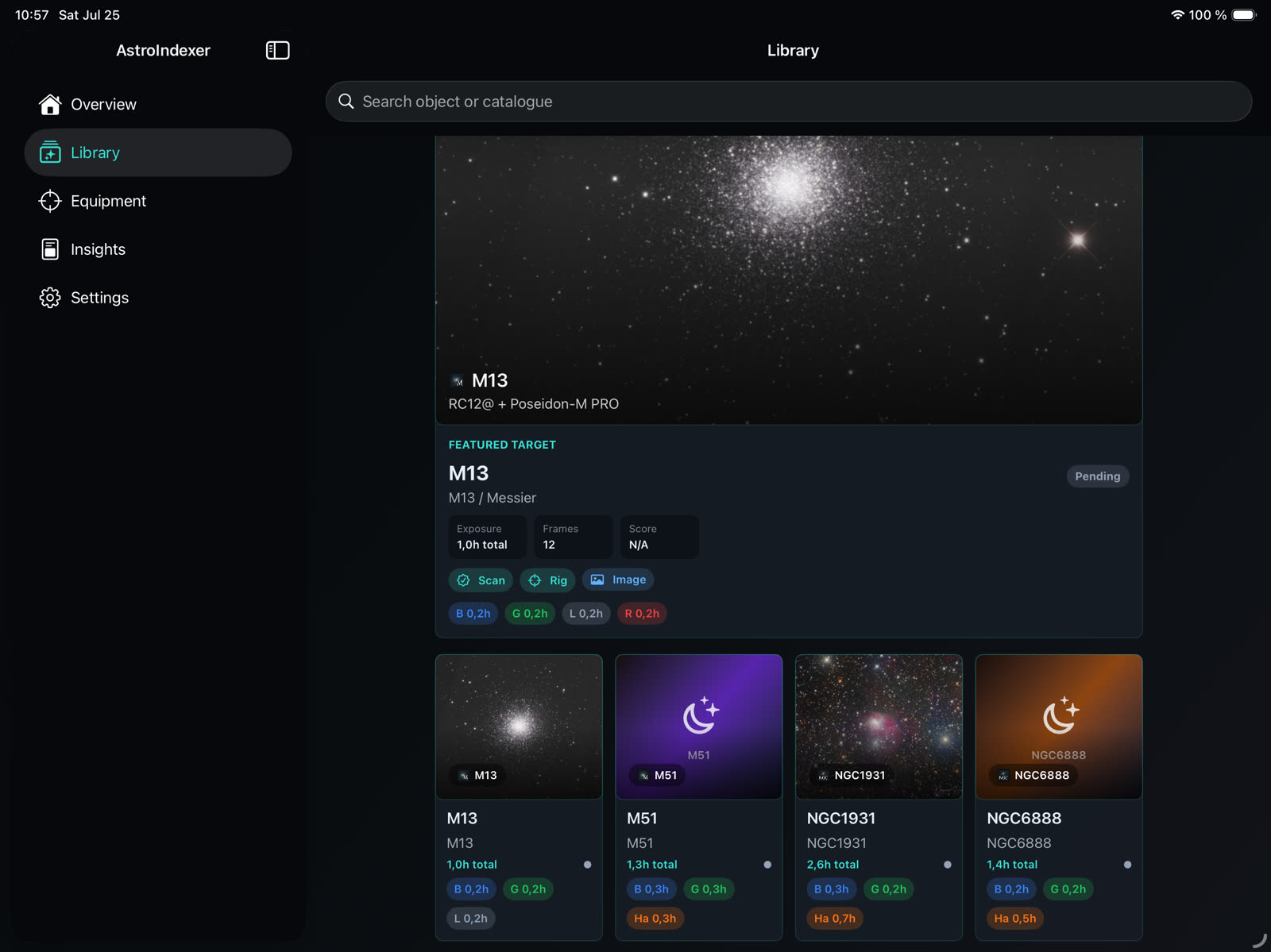 Tablet Library view with sidebar navigation, a search field, M13 as the featured target and a grid of indexed objects